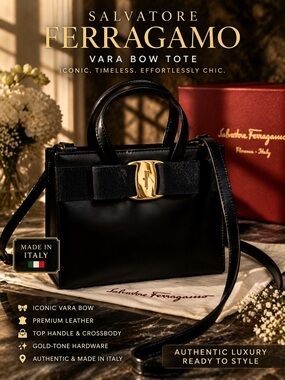 Salvatore Ferragamo Bow Leather Tote Black Gold Hardware Top Handle Crossbody